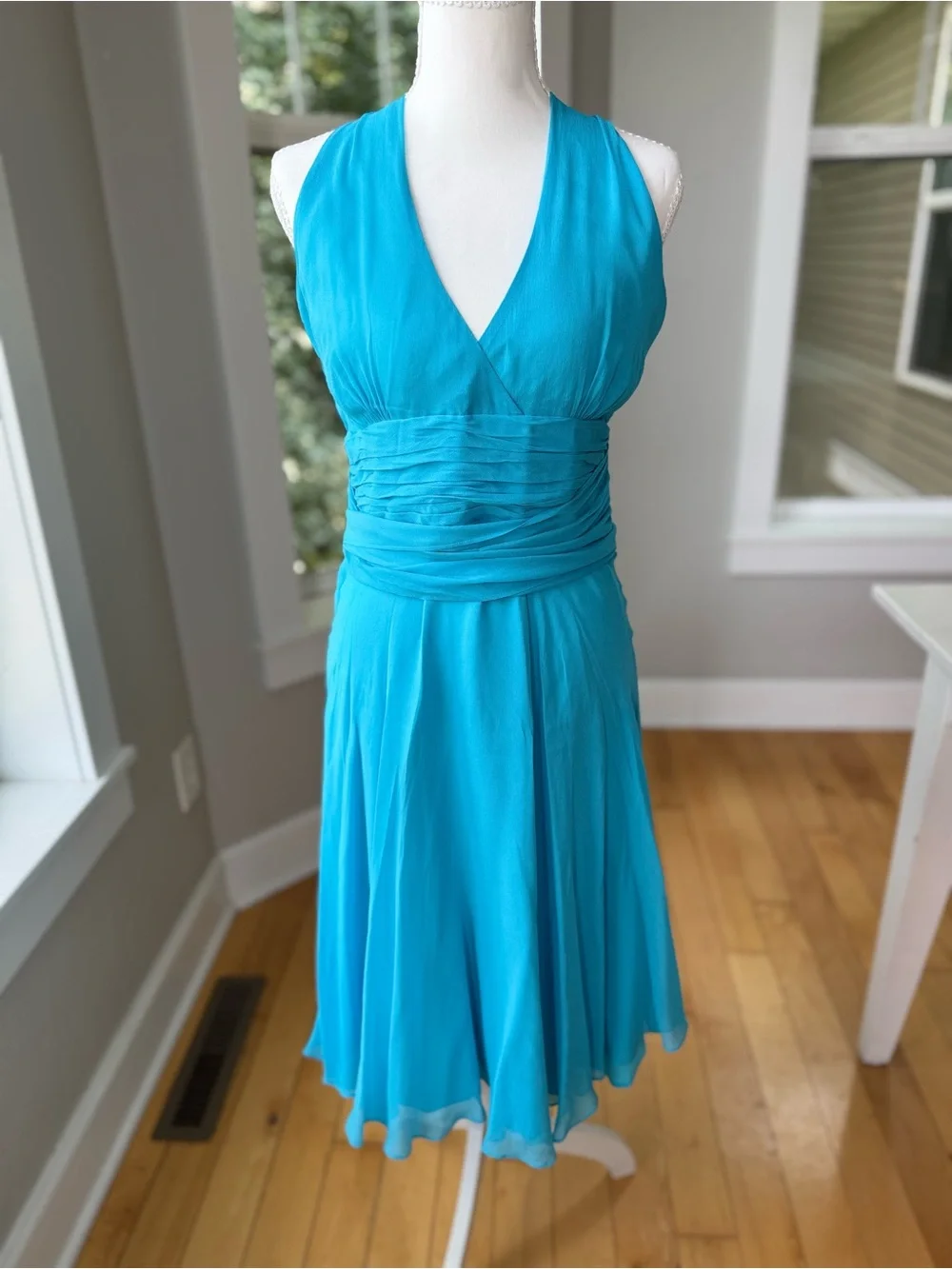 Maggy London Turquoise Silk Halter V-Neck Midi Dress Sz 14